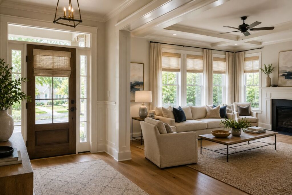 starting at the front door and living areas